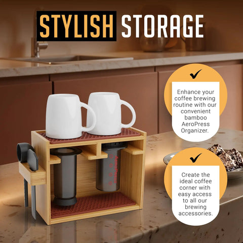 AeroPress Organizer Stand Bamboo Coffee Caddy Station for AeroPress accessories including filter holder and mug storage.