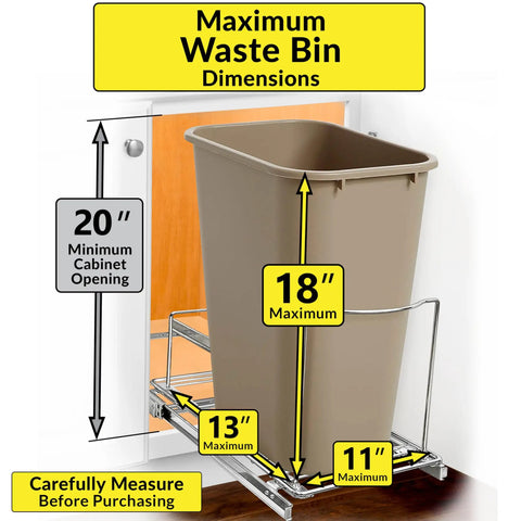 Maximum dimensions for Heavy Duty Adjustable Cabinet Pullout Organizer with a waste bin measurement guide.