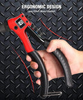 Hand holding Rivet Gun Kit With 200 Aluminum Rivets And Four Drill Bits DIY Manual Hand Riveter with ergonomic design on metal background