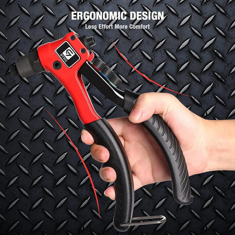 Hand holding Rivet Gun Kit With 200 Aluminum Rivets And Four Drill Bits DIY Manual Hand Riveter with ergonomic design on metal background