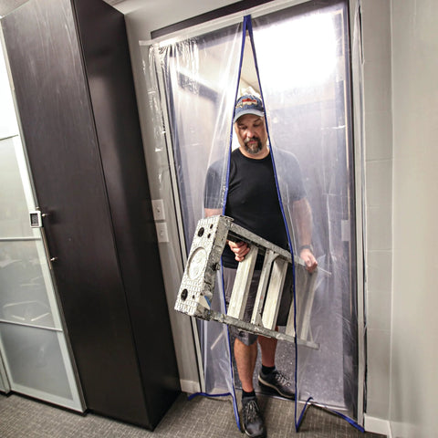 E-Z UP Magnetic Dust Containment Door Kit; clear plastic doorway with blue trim, man holding a ladder.