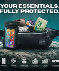 Underwater Waterproof Fanny Pack For Phones And Gear, Tight Seal TPU Dry Bag with essentials and phone pouch in underwater setting