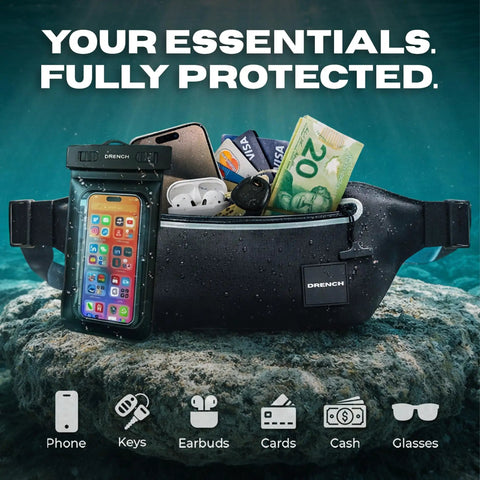 Underwater Waterproof Fanny Pack For Phones And Gear, Tight Seal TPU Dry Bag with essentials and phone pouch in underwater setting
