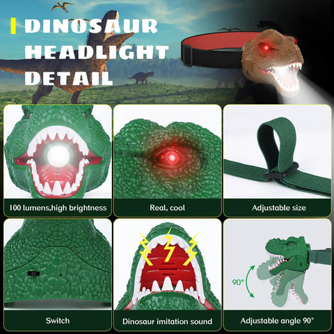 Dinosaur Headlamp for Kids and Adults with Four Modes LED Headlamp showcasing roar mode, adjustable band, and tilt features.