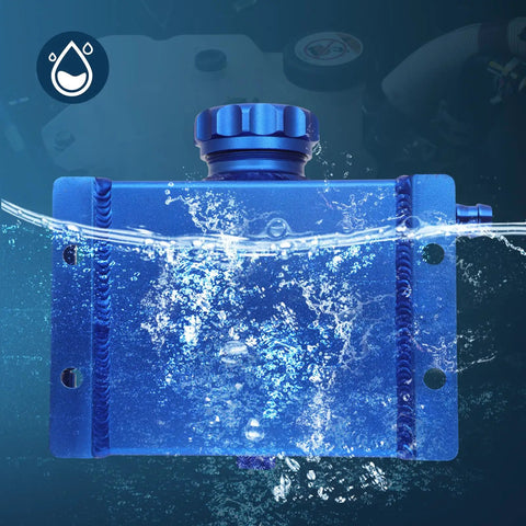 Fresh Rad Blue Universal Coolant Reservoir Tank With One Liter Capacity Radiator Overflow Bottle submerged in water.