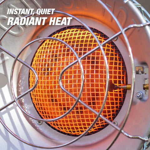 Close-up of 15,000 BTU Single Tank Top Portable Propane Radiant Heater with adjustable levels, orange glowing element visible.