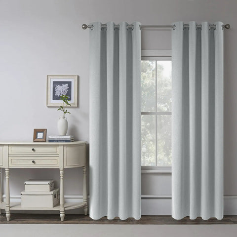 Light Grey Linen Blackout Curtains Two Panels W50 x L102 Inches Long Room Darkening Thermal Insulated Great For Sleep And Daylight Control For Bedroom Modern Farmhouse Style in a cozy living room setting.
