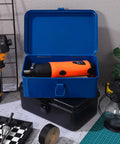 Built Tough Heavy Duty Metal Tool Box With Reinforced Body And Secure Locking Latch Designed For Trunk Truck Cargo Organization And Portable Shop Storage, with an orange tool inside.