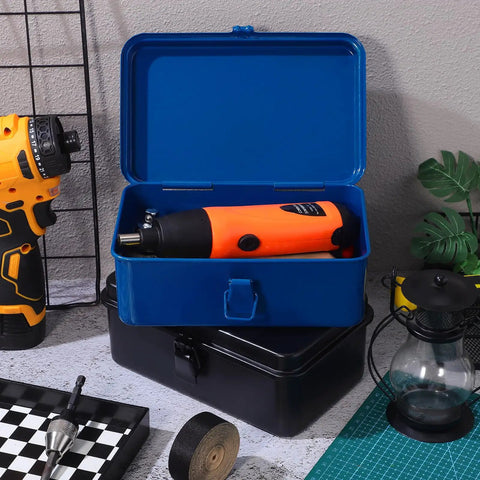 Built Tough Heavy Duty Metal Tool Box With Reinforced Body And Secure Locking Latch Designed For Trunk Truck Cargo Organization And Portable Shop Storage, with an orange tool inside.