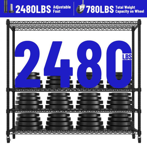 Heavy Duty Garage Shelving With Wheels Four Tier Metal Storage Rack Holds 2480 Lbs Adjustable Pantry Shelves display