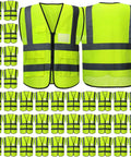 Built Different Bulk 40 Pack Bright Neon Yellow High Visibility Safety Vests With Reflective Silver Strips And Zippered Mesh Pockets For Active Crews Daily Work front and back views showing zippered pockets.