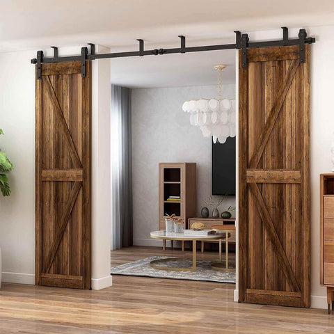 Ceiling Mount Sliding Barn Door Hardware Kit For Low Ceiling With L Shape Brackets, 6 Ft Track, Fits 18 Inch Wide Double Wood Doors