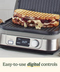 Cuisinart Griddler FIVE Electric Grill With Panini Press with sandwich on grill and digital control display at 350°F.