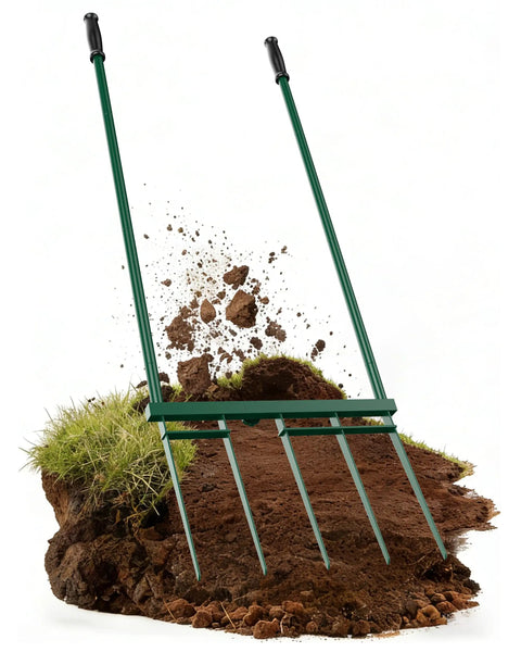 Beast Mode 5 Tine Broad Fork Garden Tool with 58 Inch Ergonomic Handle breaking through soil