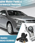 Tough Aluminum Engine Water Pump And Thermostat Housing Assembly With Gasket Easy Bolt On Swap Direct Fit For Chevy Cruze Sonic Trax And Buick Encore 2011 Through 2021 displayed with car backdrop.