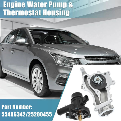 Tough Aluminum Engine Water Pump And Thermostat Housing Assembly With Gasket Easy Bolt On Swap Direct Fit For Chevy Cruze Sonic Trax And Buick Encore 2011 Through 2021 displayed with car backdrop.