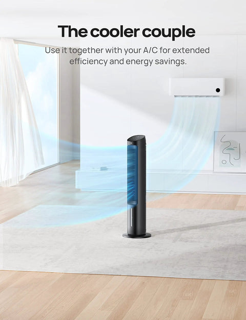 Portable AC Tower Fan For Home Or Office, 40-Inch Evaporative Cooler With Ice Pack Compartments in a modern living room setting.