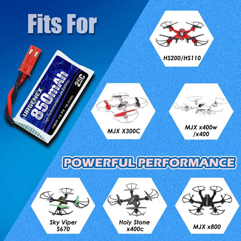 3.7V 850mAh LiPo Battery With JST Plug And X5 Charger For MJX Syma Holy Stone Sky Viper RC Drones compatibility shown