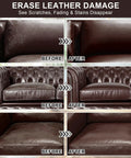 Before and after images of leather couch showing scratches and fading restored with Dark Brown Leather Recoloring Balm And Quick Furniture Repair Kit To Smooth Over Scratches Patch Up Faded Areas And Give Your Couches That Dang Good New Life With Premium Leather Dye For Flawless Comfort.