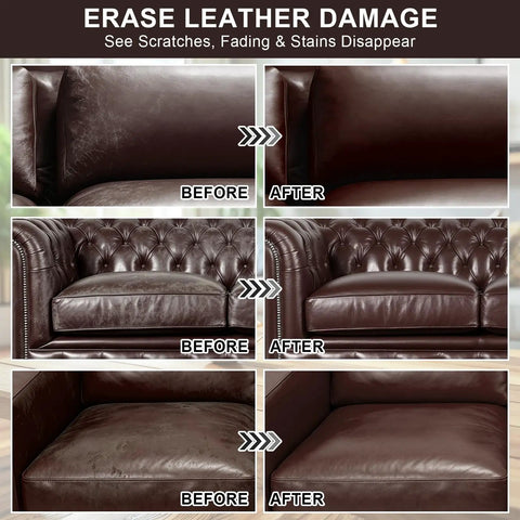Before and after images of leather couch showing scratches and fading restored with Dark Brown Leather Recoloring Balm And Quick Furniture Repair Kit To Smooth Over Scratches Patch Up Faded Areas And Give Your Couches That Dang Good New Life With Premium Leather Dye For Flawless Comfort.