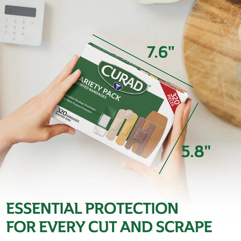 Front view: CURAD 320-count Assorted Bandages Pack with 5 styles: waterproof, sheer, plastic, heavy-duty & flex-fabric