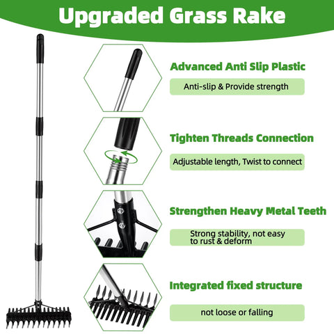 Heavy Duty Dethatching Rake With Stainless Steel Adjustable Handle 36 To 63 Inches Dual Sided Tines For Lawn Thatch Removal Aeration Moss And Dead Grass 2 In 1 Design Garden Landscape Tool For Soil Prep details