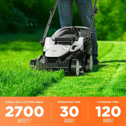 Cordless Brushless Electric Lawn Mower With 16.5 Inch Cutting Width, 6-Position Height Adjustments, Dual 4.0Ah Batteries, Mows Up To 2,700 Sq Ft On One Charge, Lightweight Yard Workhorse For Small To Medium Lawns, shown mowing grass
