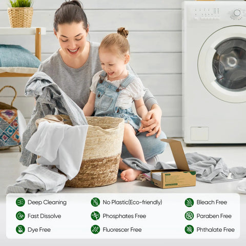 Mother and child doing laundry with Travel Laundry Detergent Sheets Pre Measured Plastic Free Washer Strips nearby