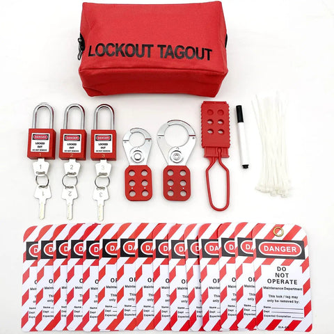 All In One Lockout Tagout Kit For Electrical Safety With Group Lockout Hasps, Lockout Tags, Numbered Padlocks, Nylon Ties And Red Pocket Bag, OSHA Compliant For Maintenance Pros On The Go
