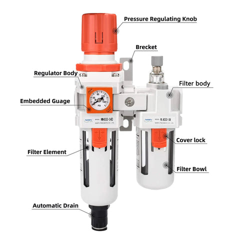 Half Inch NPT Embedded Gauge Air Filter Regulator Lubricator All In One Setup With Auto Drain Water Oil Trap 0-180 Psi Gauge