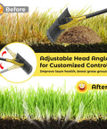 55 Inch Dual Head Thatching Rake For Lawn Care, Heavy Duty 19 Teeth Steel Garden Rake with adjustable head shown in before and after use