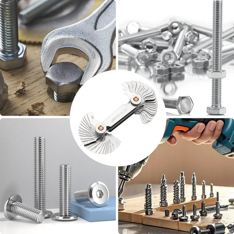 3-in-1 stainless steel thread pitch gauge with locking device, for metric 60°, Whitworth 55° and SAE 60° screws.