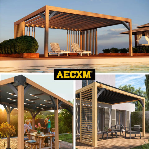 Outdoor wooden gazebos with heavy duty arc 45 degree angle support brackets, deck and porch installations, black powder coat.