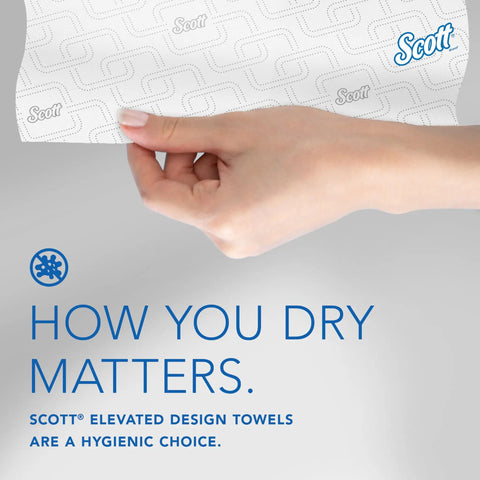 Hand holding Scott towel, showing Heavy Duty High Capacity Hard Roll Paper Towels With Elevated Design And Absorbency Pockets.