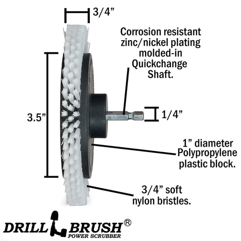 Side view of Multi Surface Drill Brush Attachments Set For Car Interior And Beyond, including 3.5-inch nylon bristle brush.
