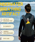 Compact 2L Scuba Tank Kit with Backpack and Regulator hands-free portable dive cylinder visible on woman's back at the beach.