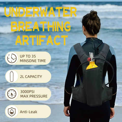 Compact 2L Scuba Tank Kit with Backpack and Regulator hands-free portable dive cylinder visible on woman's back at the beach.