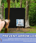 Archer aiming at 5x5 ft black Heavy Duty Archery Backstop Netting With Rope And Hooks For Backyard Shooting, 2 mm thick, bow up to 45 lbs.