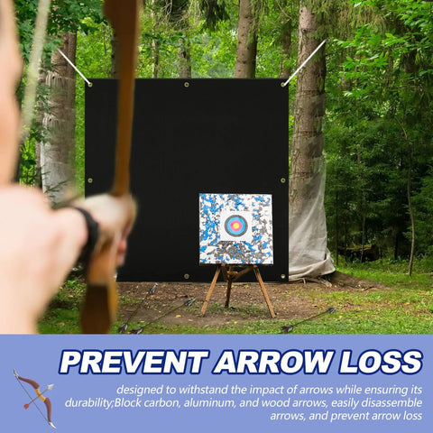 Archer aiming at 5x5 ft black Heavy Duty Archery Backstop Netting With Rope And Hooks For Backyard Shooting, 2 mm thick, bow up to 45 lbs.