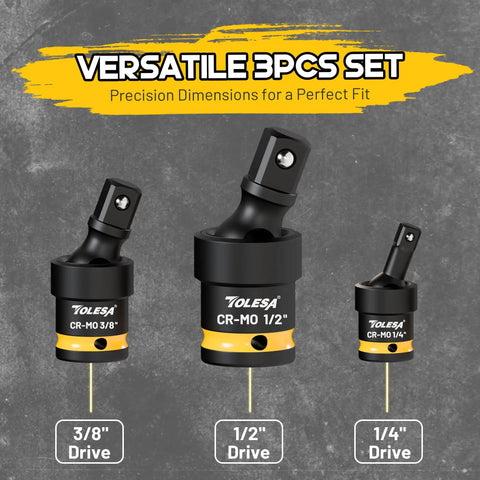Impact Universal Joint Swivel Socket Set One Half Inch Three Eighth Inch One Quarter Inch Flexible Wobble Drive Kit Built To Last In Premium CR Mo Steel For Heavy Duty Torque And Smooth Access In Tight Spots