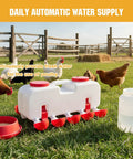 Backyard Boss Automatic Chicken Waterer Featuring Ten Heavy Duty Cups Plus A 9.6 Gallon Self Filling Reservoir in a chicken coop.