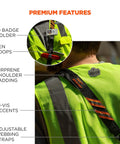 Back view of sling style barcode scanner harness with tethering lanyard, hi-vis accents, airprene padding, and pen loops