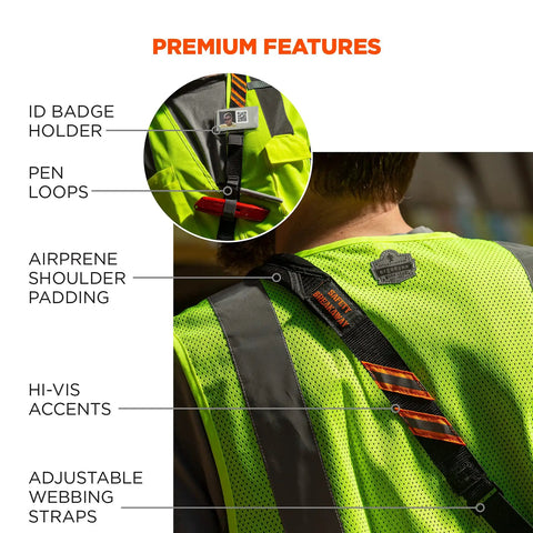 Back view of sling style barcode scanner harness with tethering lanyard, hi-vis accents, airprene padding, and pen loops