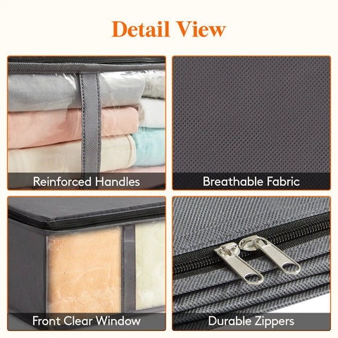 Detail view of Under Bed Storage Bags 40L Set Of 3 with reinforced handles, breathable gray fabric, clear window, and durable zippers.