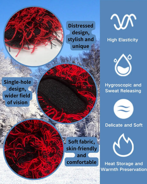 Two Pack Winter Distressed Balaclava Knit Ski Mask For Women And Men Full Face Coverage Close-up of Red Distressed Knit Design