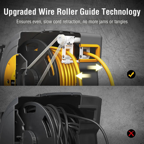 Upgraded wire roller guide on 50 Ft Retractable Extension Cord Reel With 14 Gauge SJTOW Cable 13 Amp Breaker ETL Listed