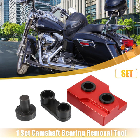 Harley Davidson Twin Cam Camshaft Bearing Removal Tool Kit for 1999 2006 Models Pro Grade Installer Set with bike in background