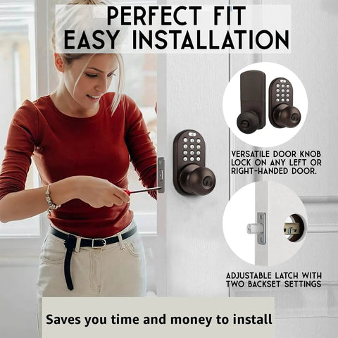 Woman installing Keyless Entry Digital Door Knob Lock With Keypad For Front Doors, Adjustable Latch, Oil Rubbed Bronze