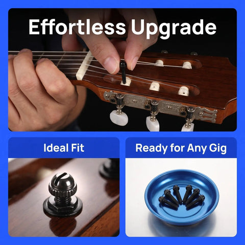 Black M2.5x18.5mm Tuner Peg Screws And Washers For Classical Guitar Machine Heads shown being installed on guitar.