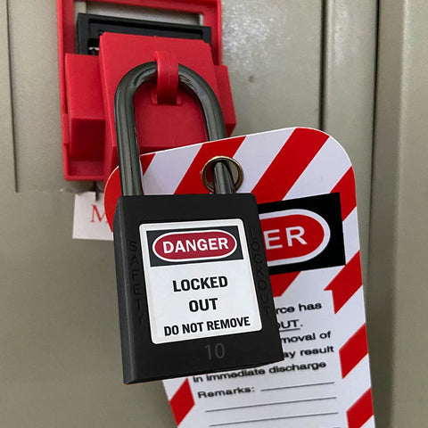 Keyed Differently Lockout Tagout Padlock Set For OSHA LOTO Safety on a locked cabinet with danger tag, black padlock number 10